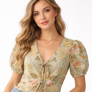 Rose & Olive Sage Green Floral Tie-Front Blouse XS Cottagecore Puff Sleeve Top